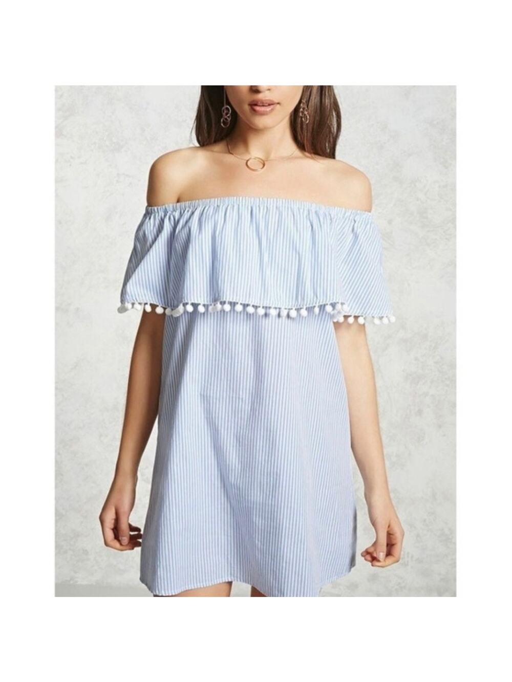 Forever 21 blue striped off shoulder Pom Pom dress